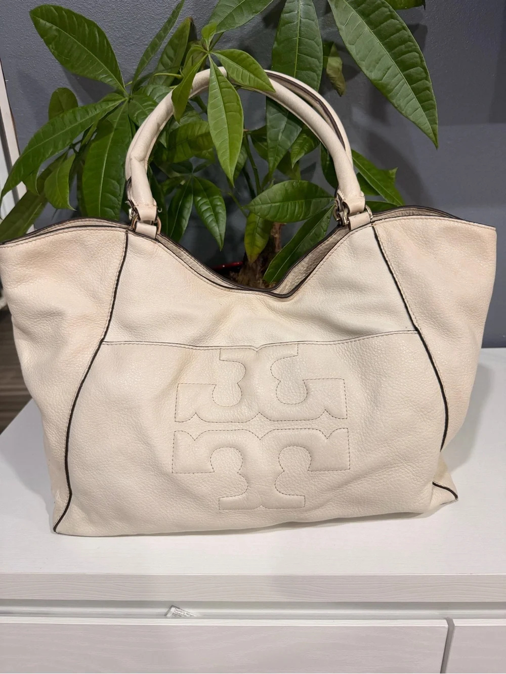Tory Burch Ivory Pebbled Leather Logo Tote